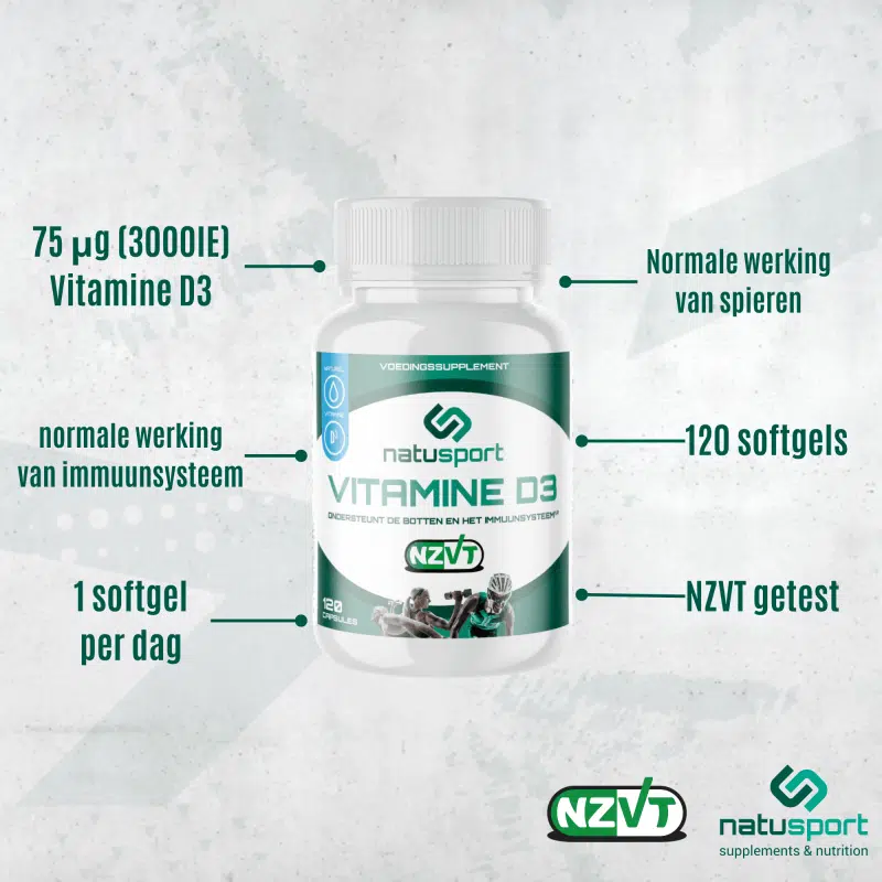 Natusport Vitamine D3 met 75 microgram vitamine D3 in een softgel. NZVT gekeurd