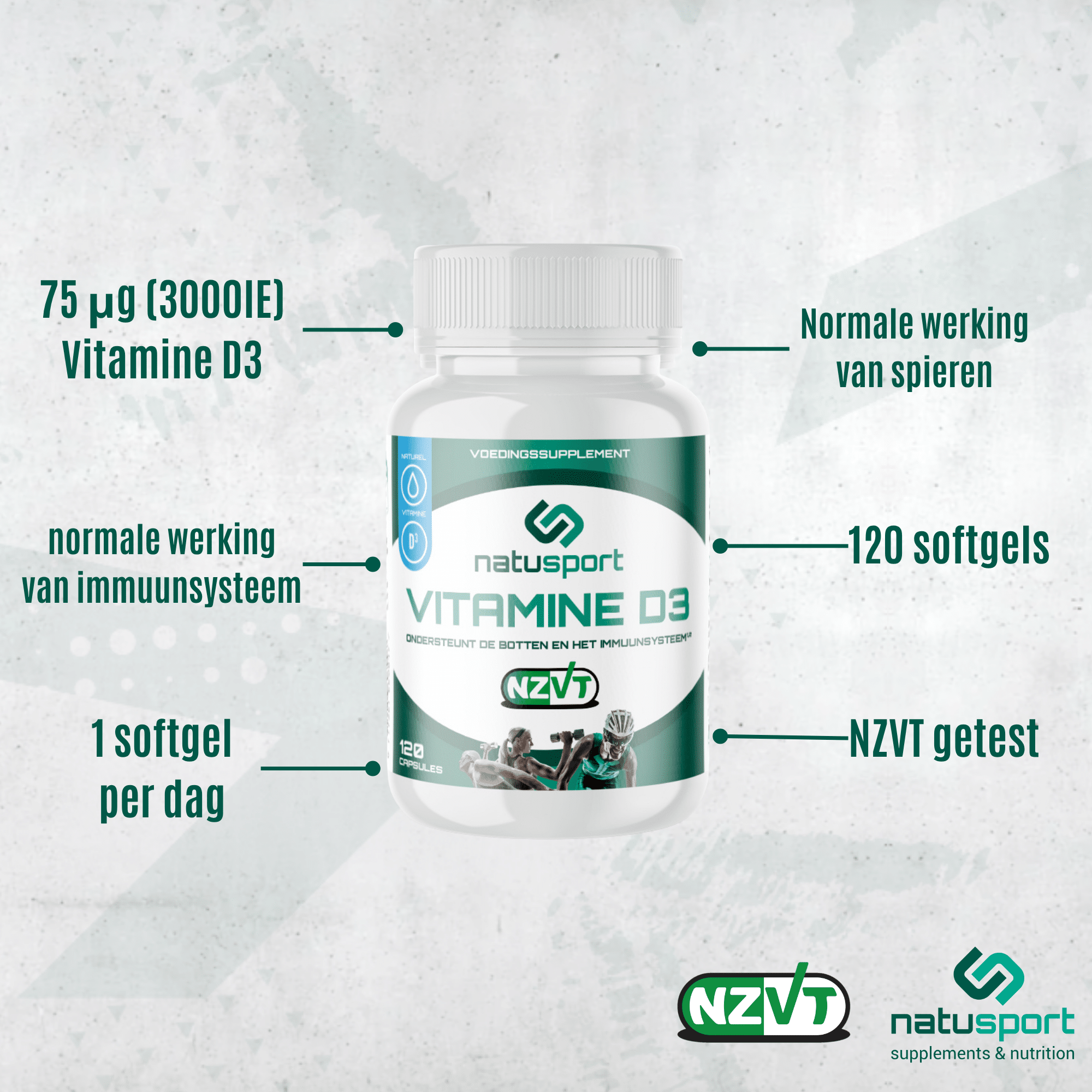 Natusport Vitamine D3 met 75 microgram vitamine D3 in een softgel. NZVT gekeurd