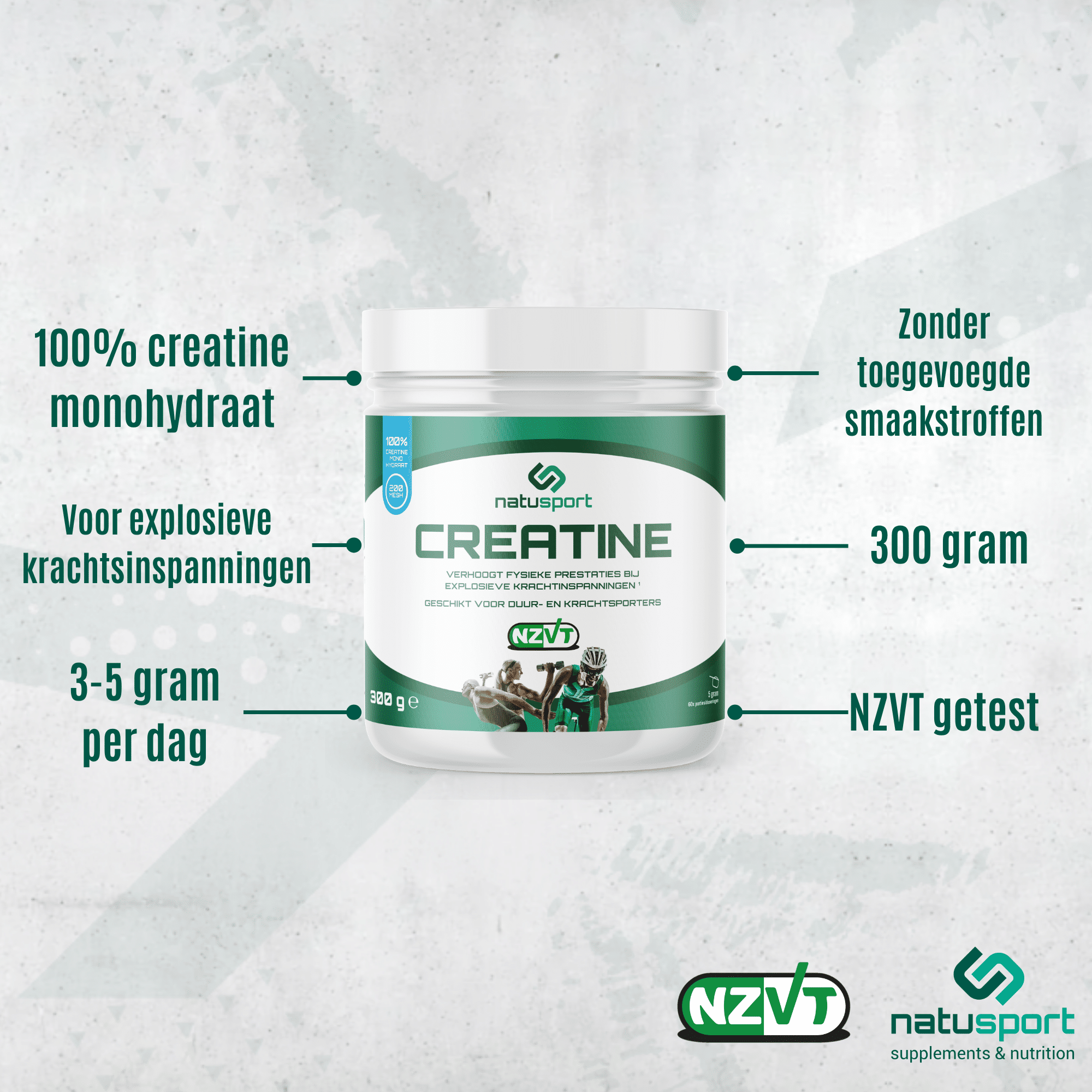 Natusport Creatine voor explosieve krachtsinspanningen en zonder toegevoegde smaakstoffen. NZVT gekeurd