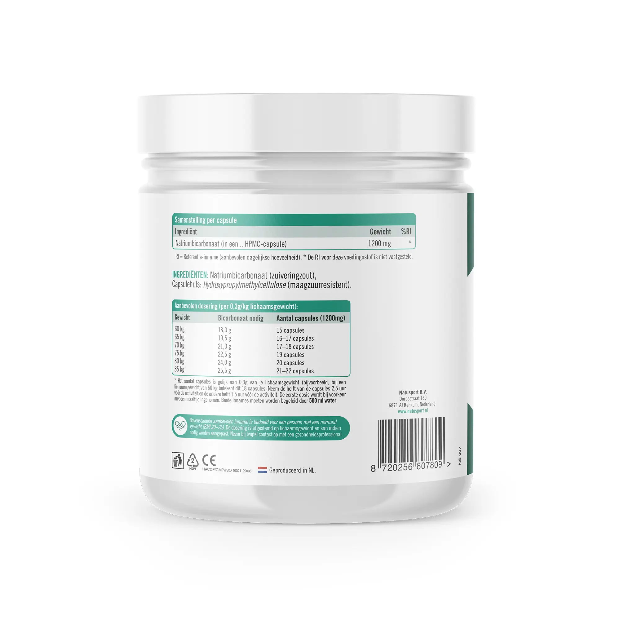 Achterkant verpakking Natusport Bicarb