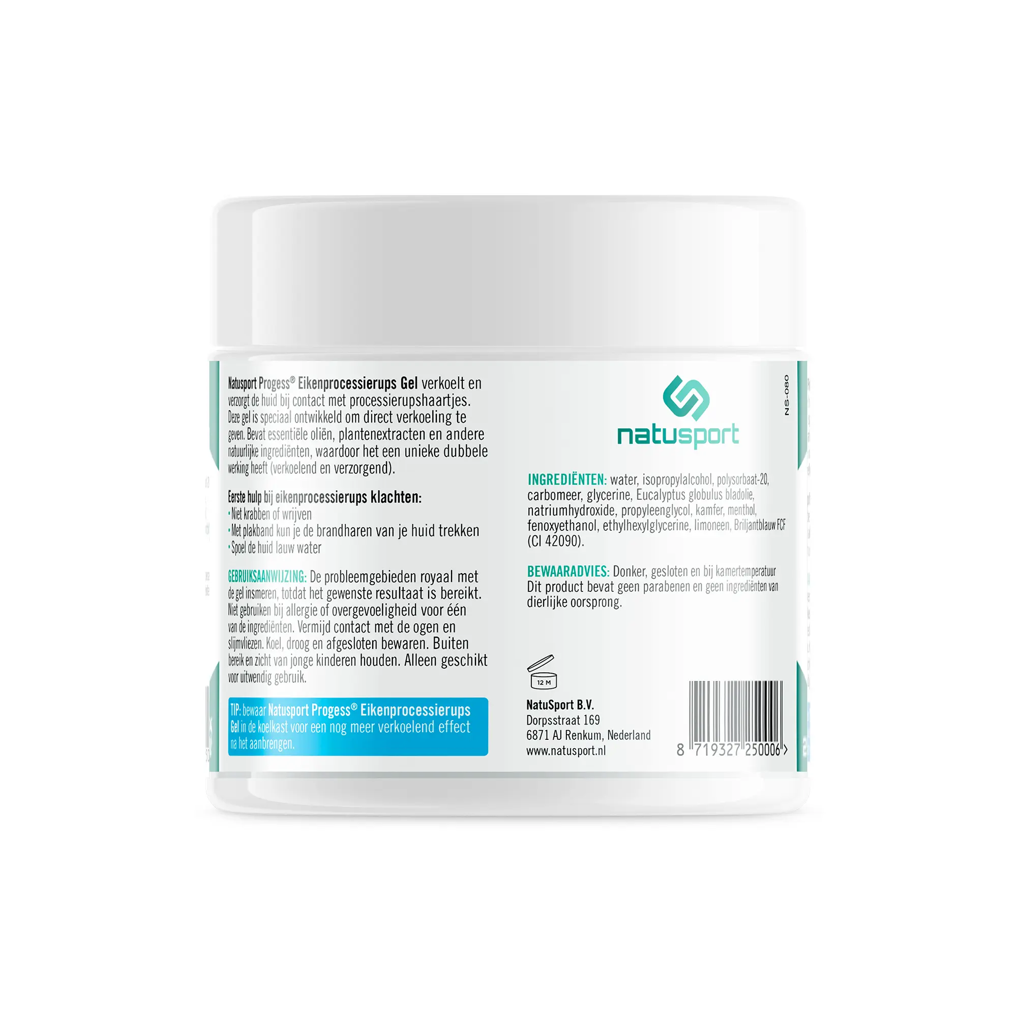 Achterkant verpakking Natusport Eikenprocessierups Gel