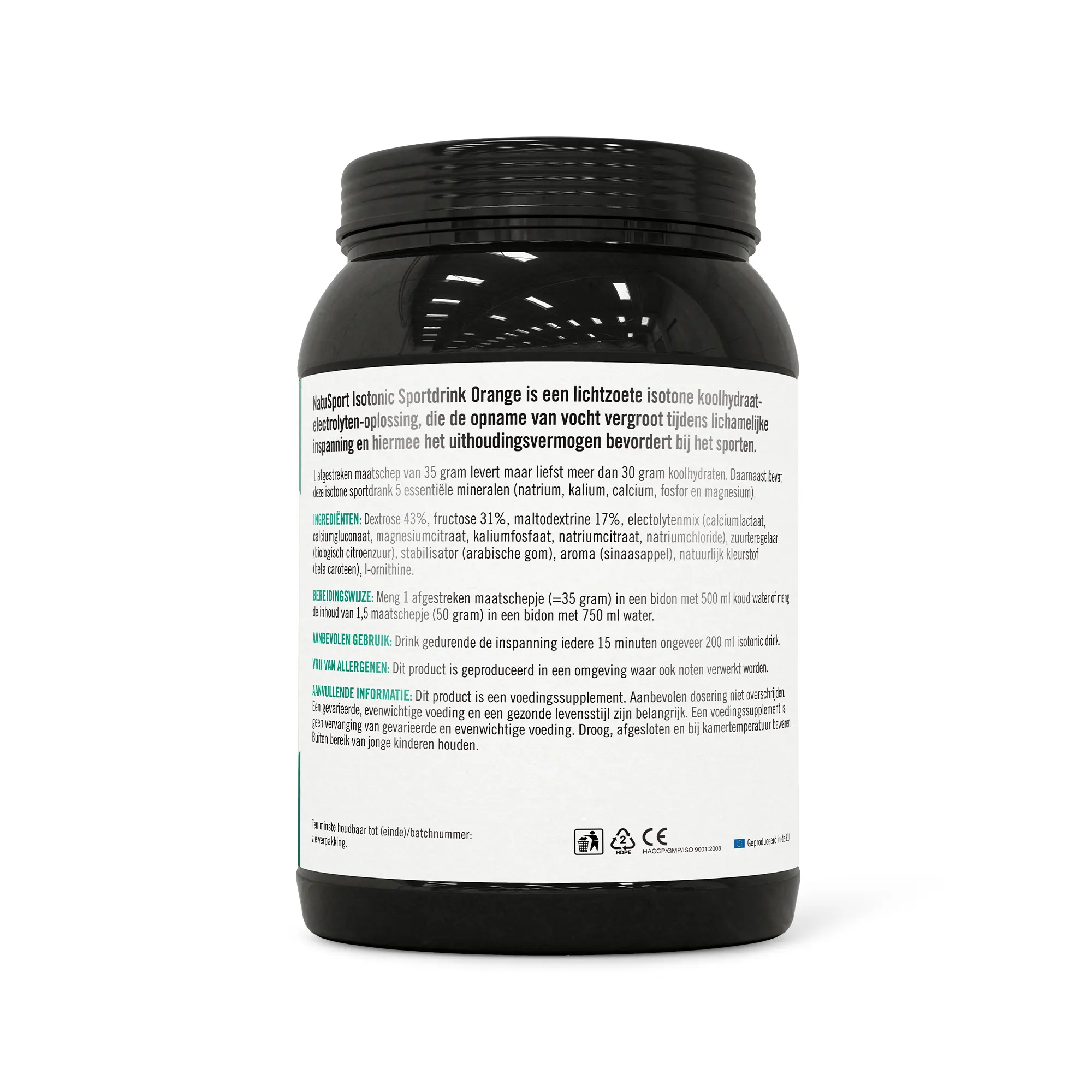 Achterkant verpakking Natusport isotonic Sportdrink Orange