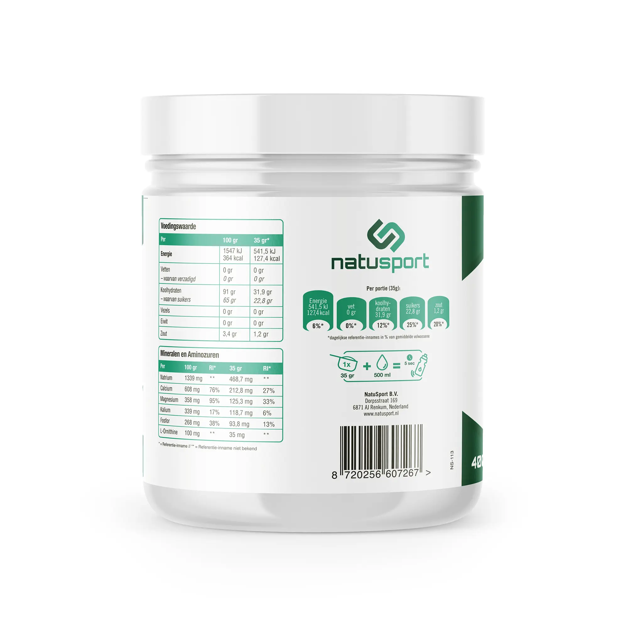 Achterkant verpakking Natusport isotonic Sportdrink Orange