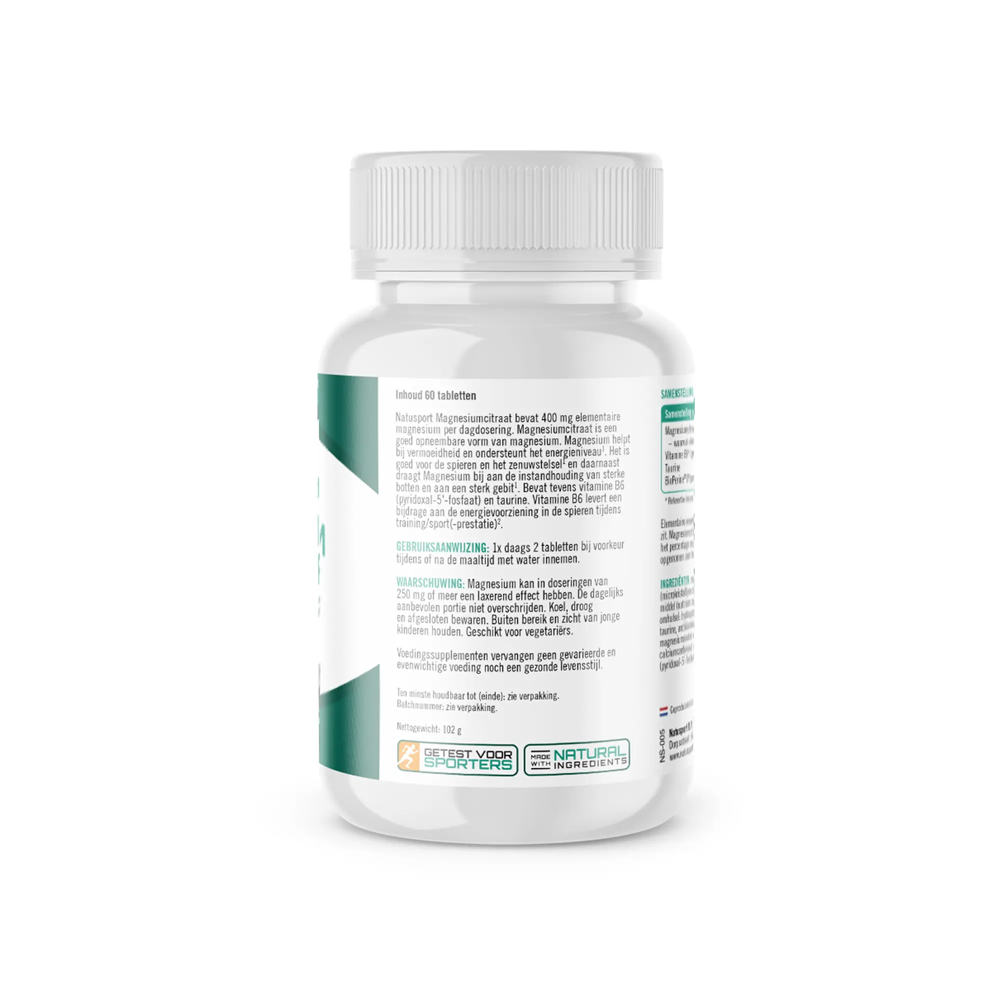 Achterkant verpakking Natusport Magnesium Citraat