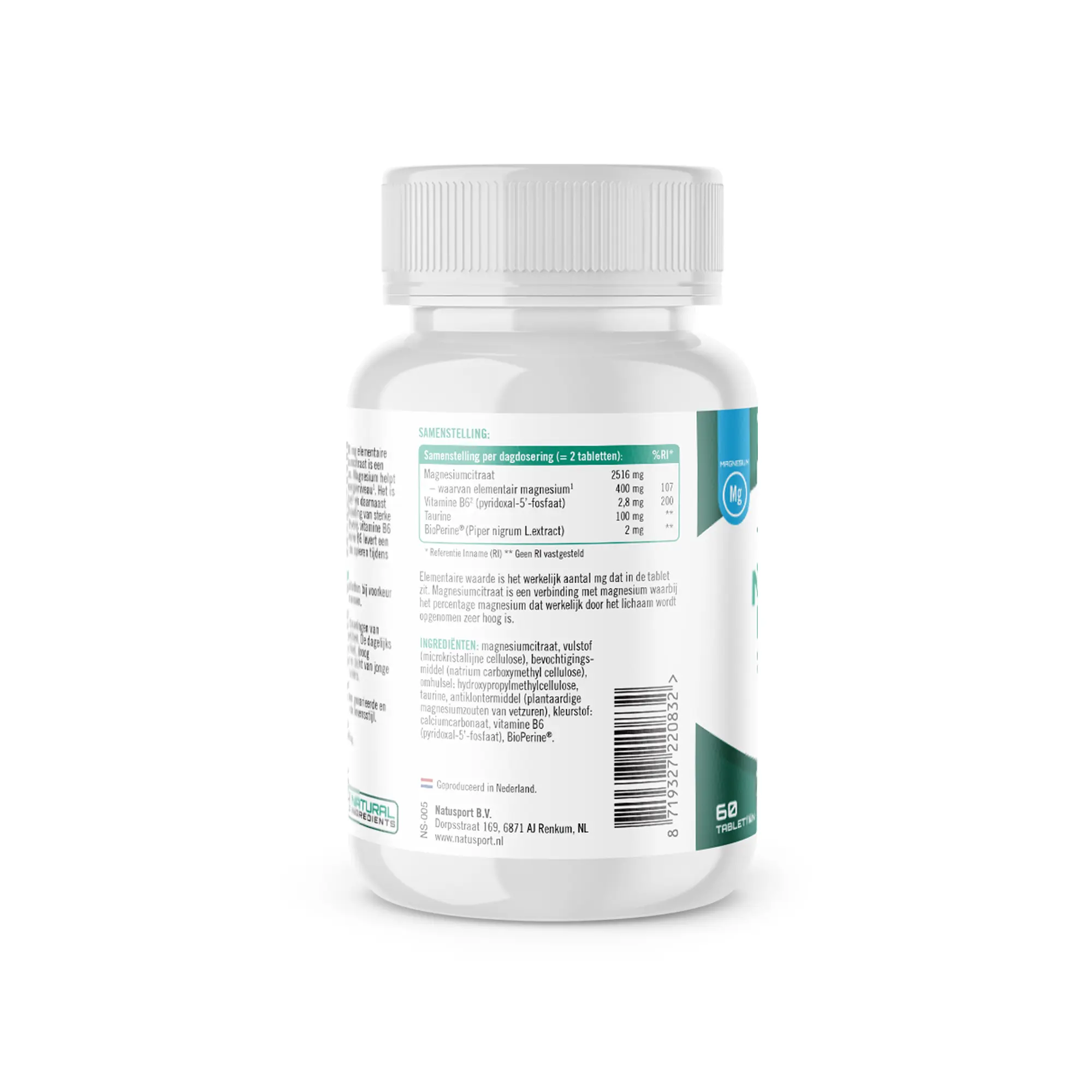 Achterkant verpakking Natusport Magnesium Citraat