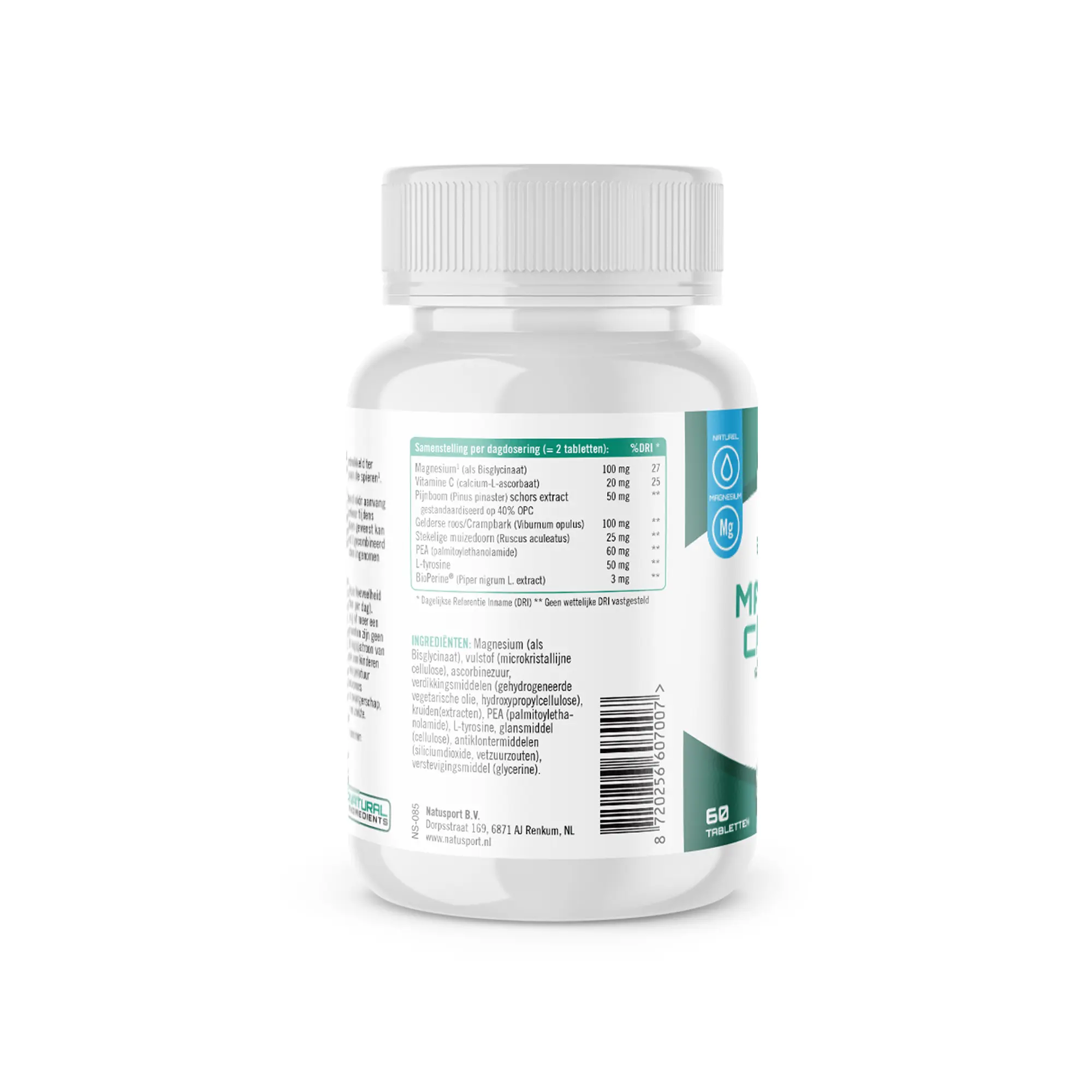 Achterkant verpakking Natusport Magnesium & Crampbark