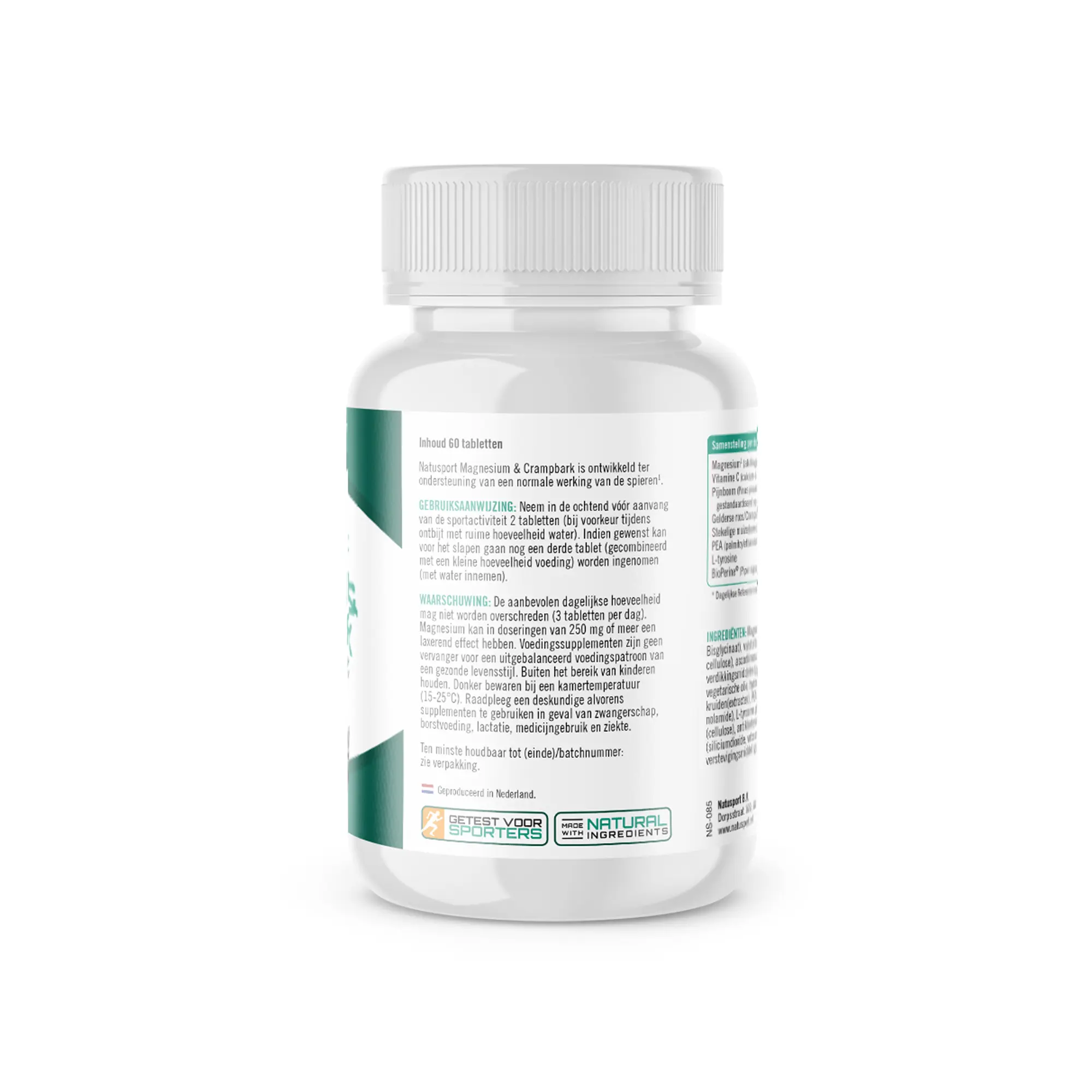 Achterkant verpakking Natusport Magnesium & Crampbark