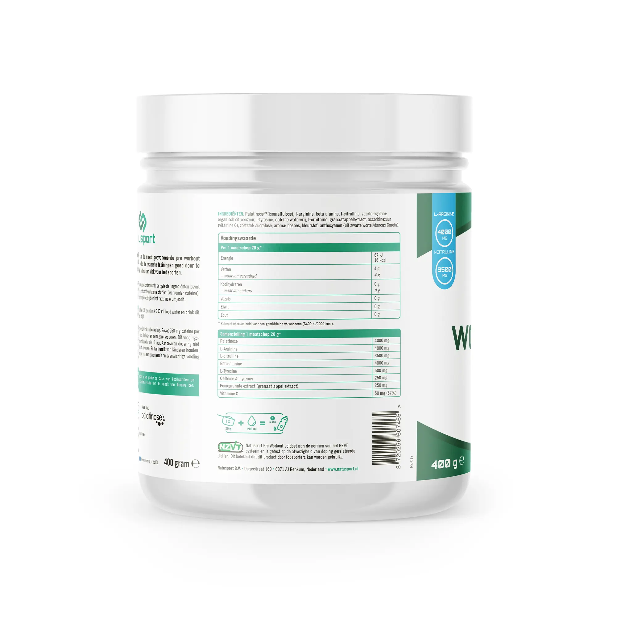 Achterkant verpakking Natusport Pre Workout Blueberry