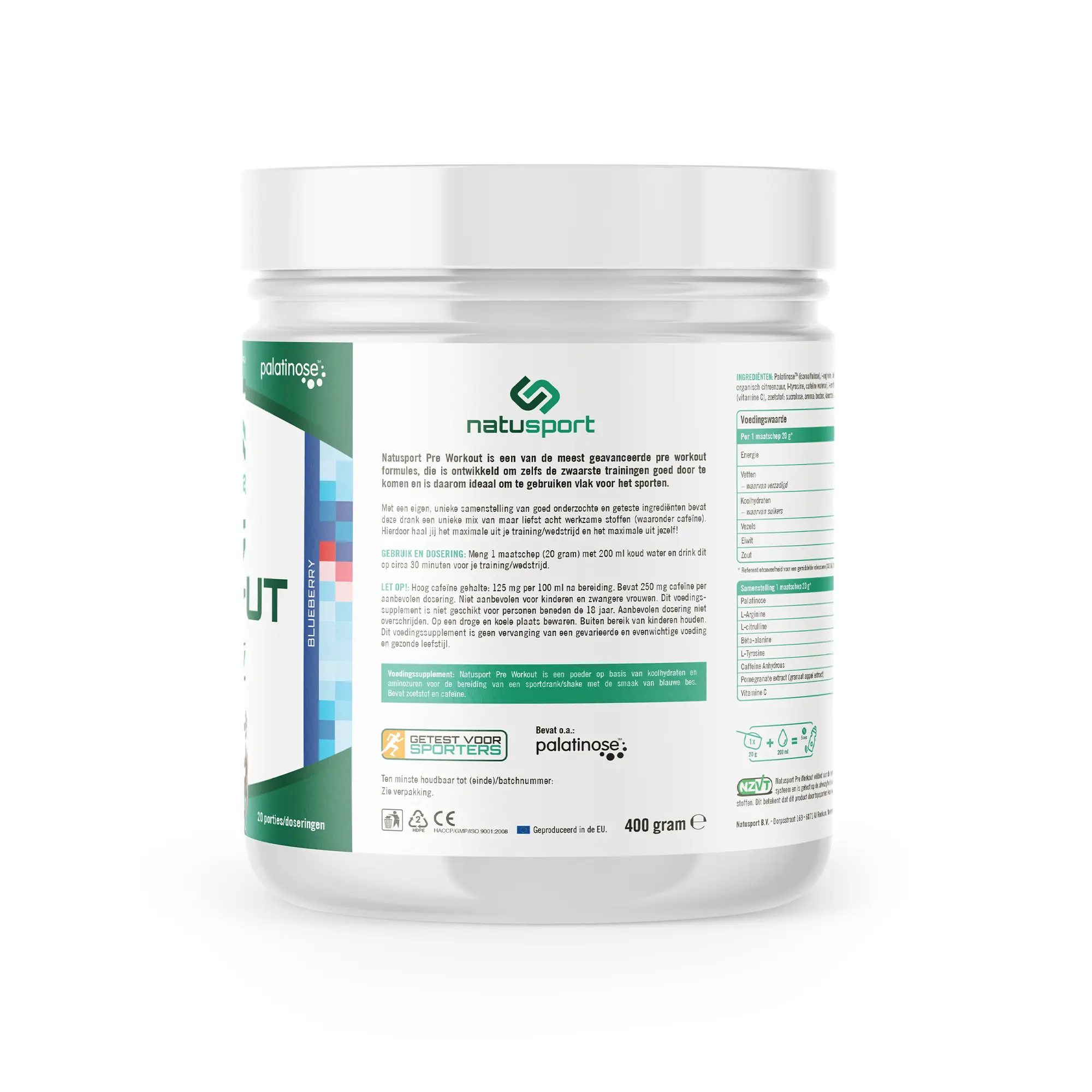 Achterkant verpakking Natusport Pre Workout Blueberry