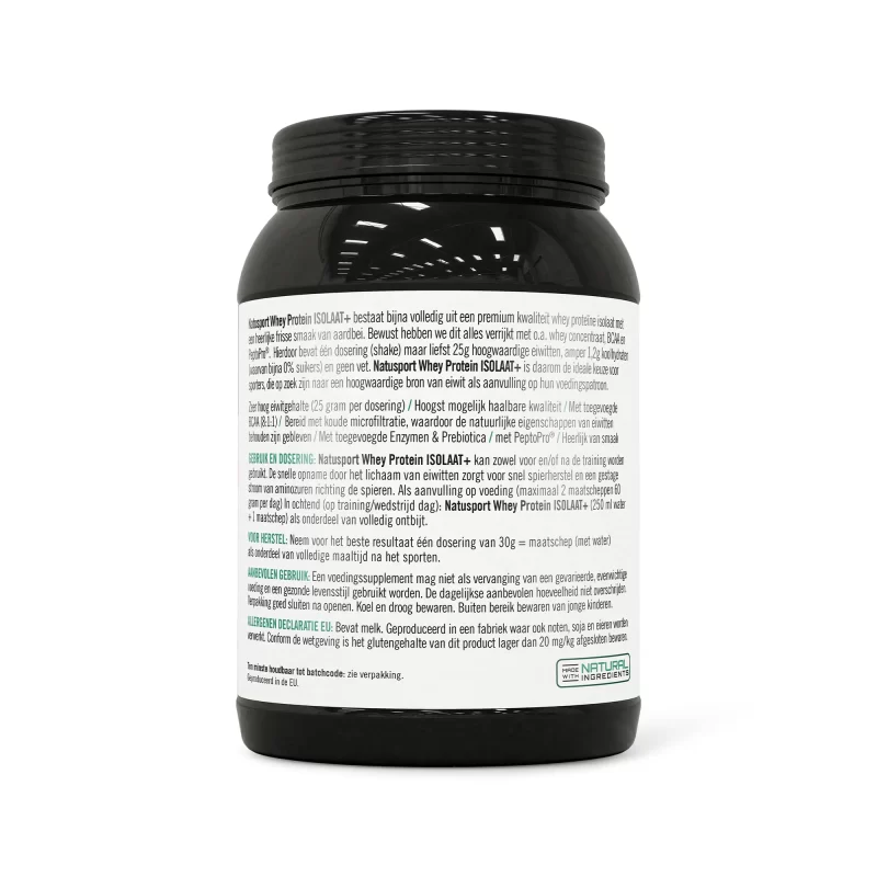 Achterkant verpakking Natusport Whey Protein Isolate Aardbei