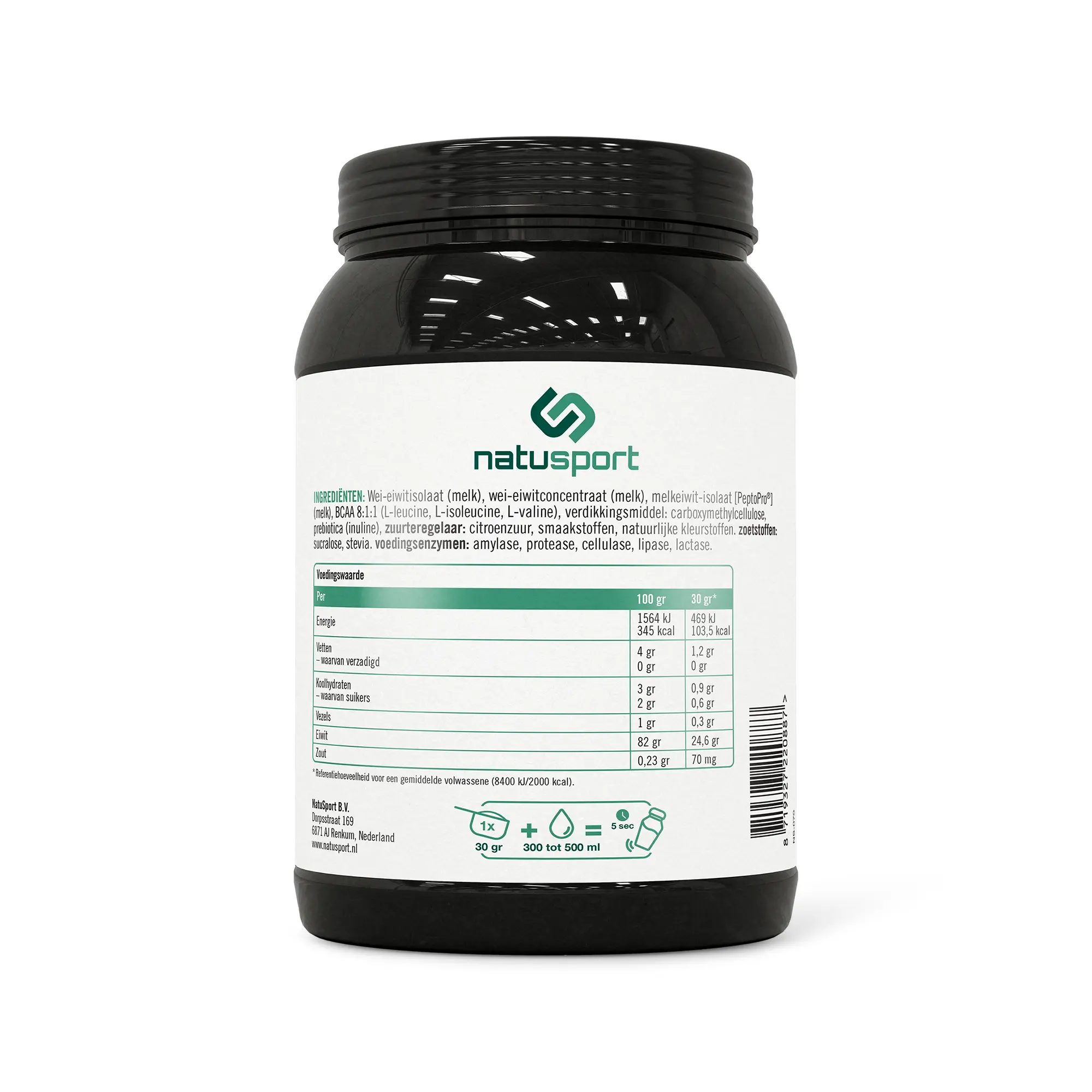 Achterkant verpakking Natusport Whey Protein Isolate Vanille