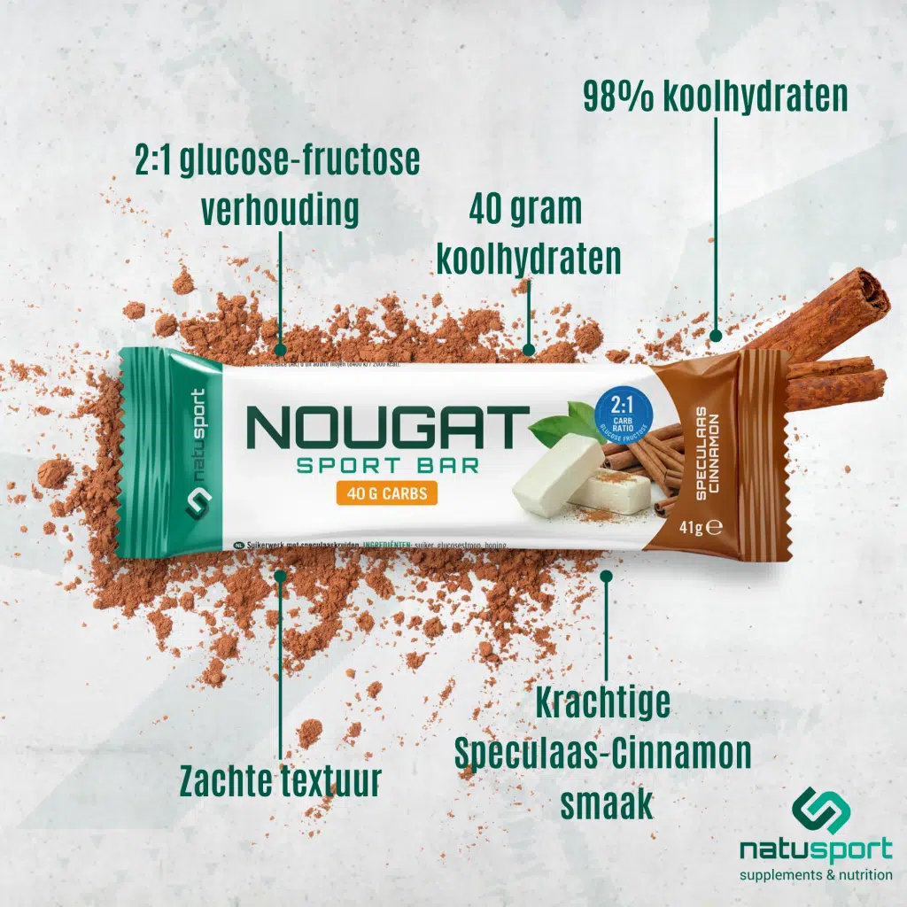 Natusport Nougat Speculaas-cinnamon met 40 gram koolhydraten, zachte structuur en een krachtige smaak